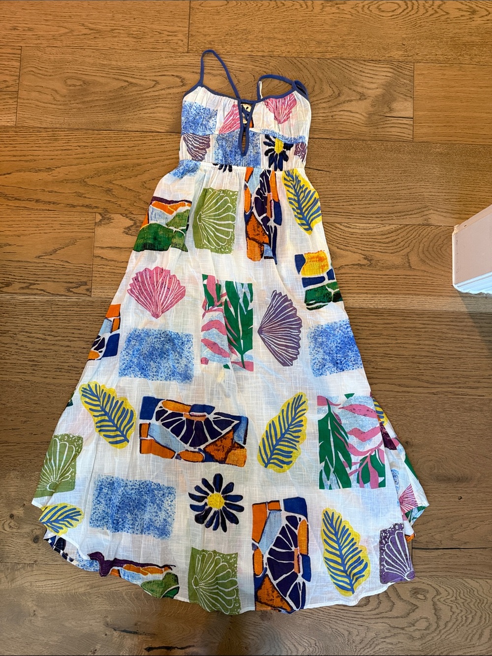 Anthropologie White Maxi Sundress with Multicolor Tropical Motif